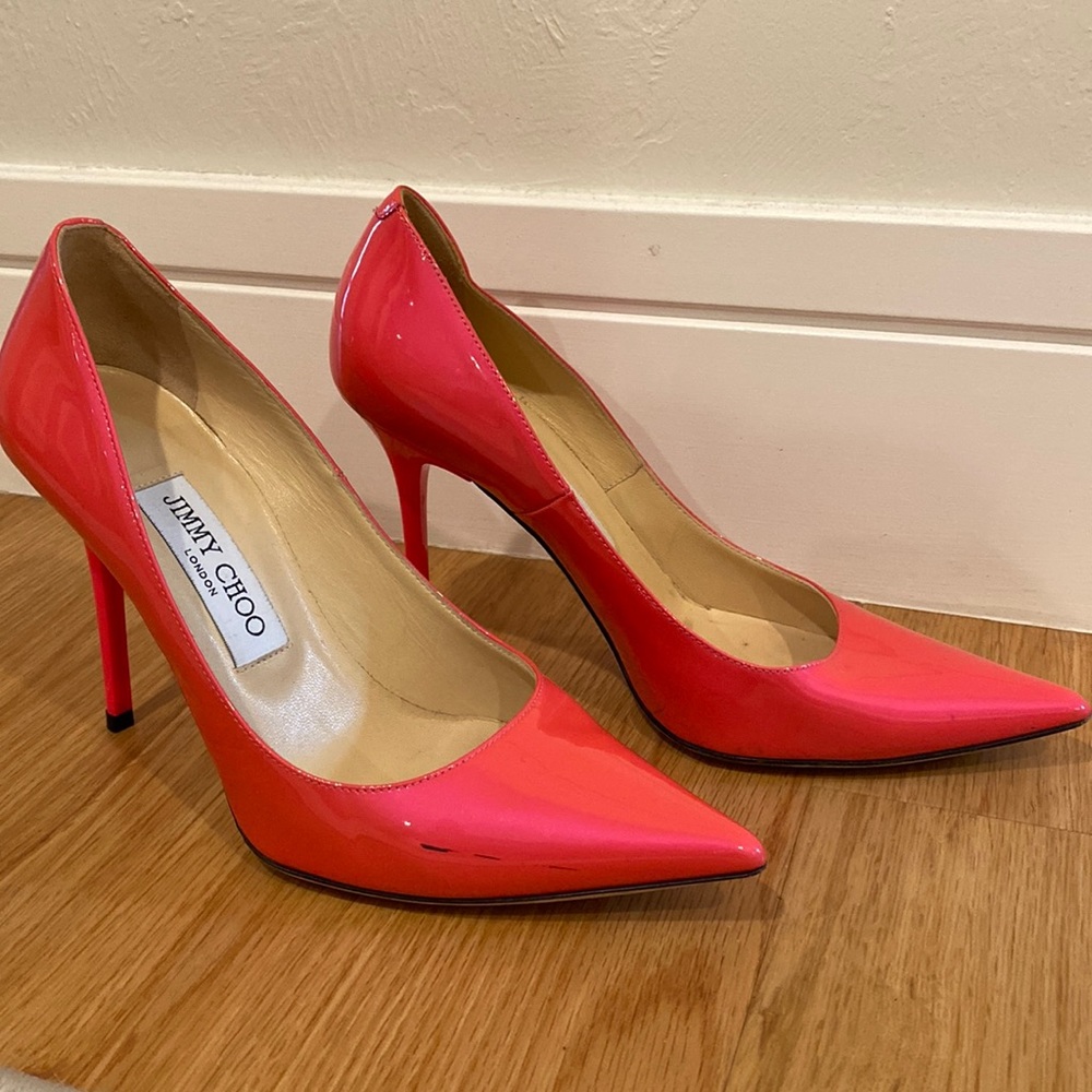 Jimmy Choo Abel Pink Geranium Patent Pumps